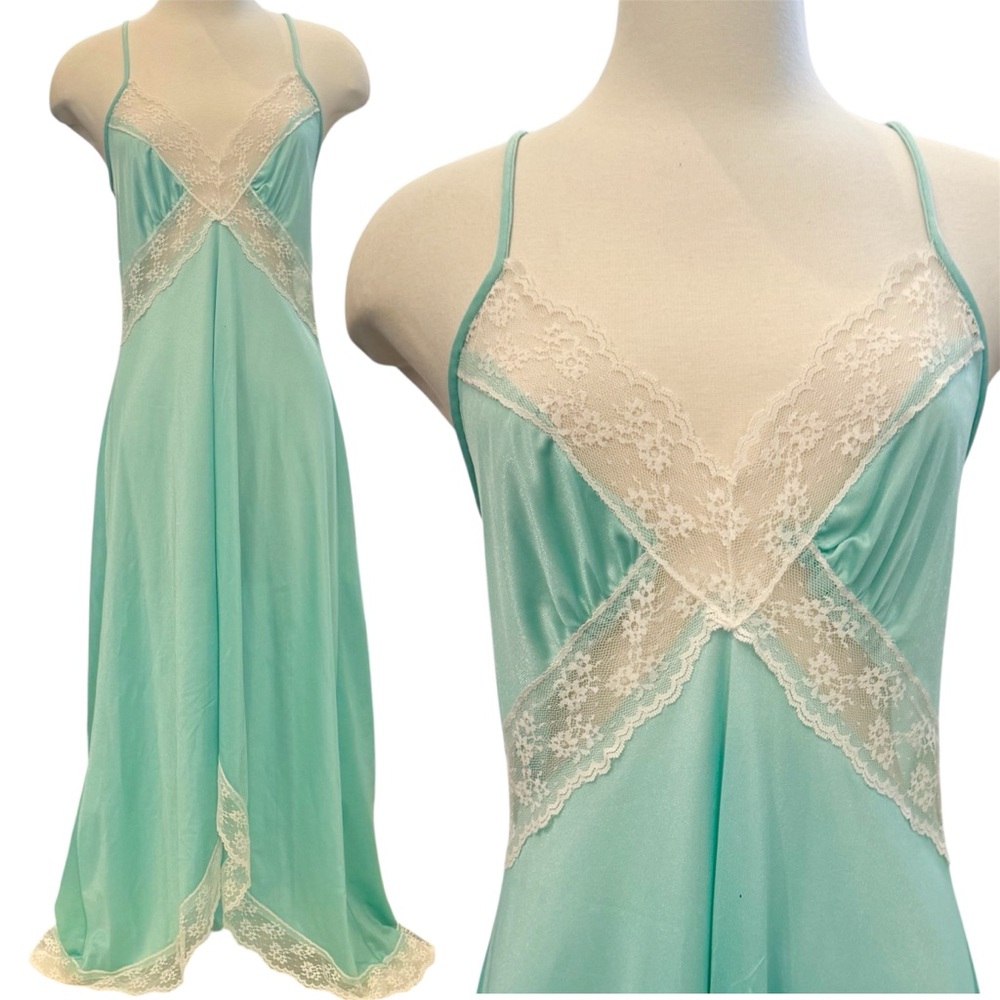 Vintage Undercover Wear 80s Silky Satin Pastel Green Lace Maxi Gown Slip Dress